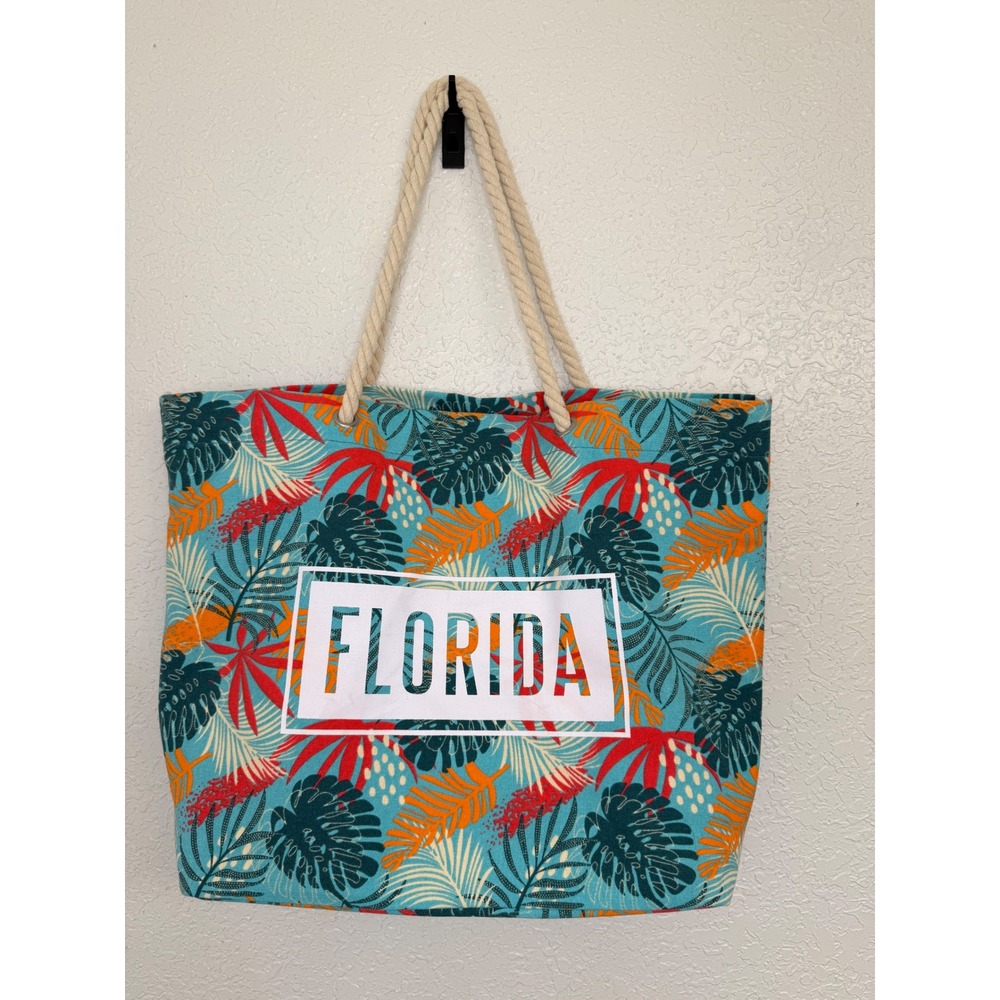 Tropical Leaf Print Beach‎ Tote Bag Rope Handles "Florida" Graphic